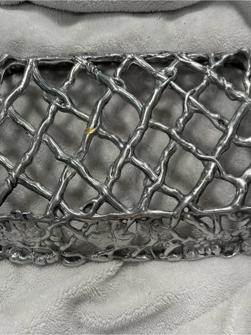 Vintage Rectangular Cast Aluminum Grape Vine Lattice Basket Tray